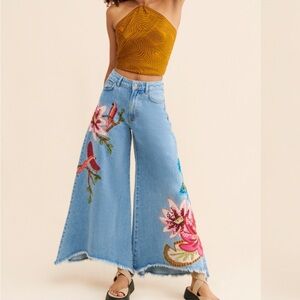 Farm Rio Embroidered Wide-Leg Jeans